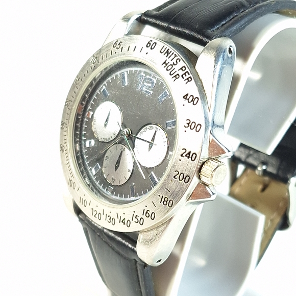 Steel & Black Leather Band Mens Quartz Analog Wrist Watch, New Battery - Picture 3 of 10